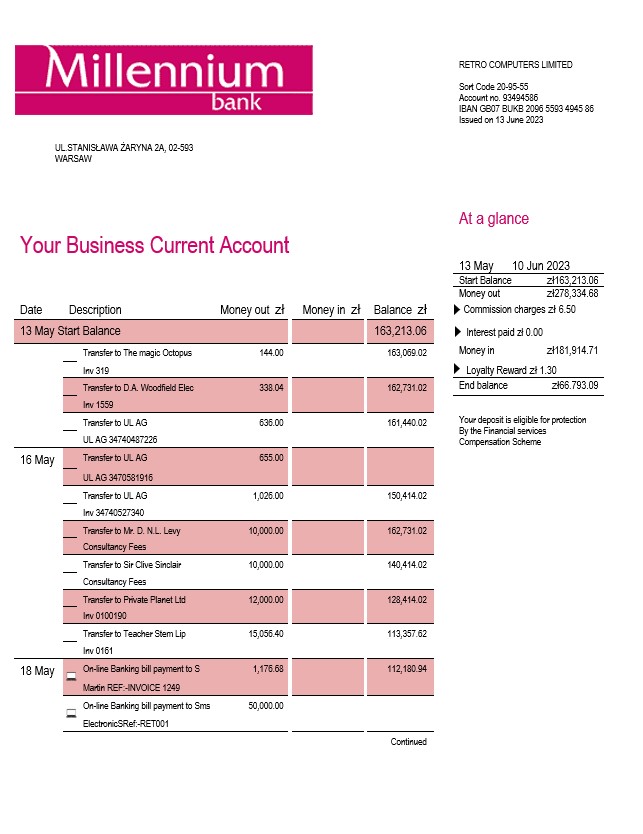 Modèle Word et PDF de relevé d'entreprise de Millenium Bank